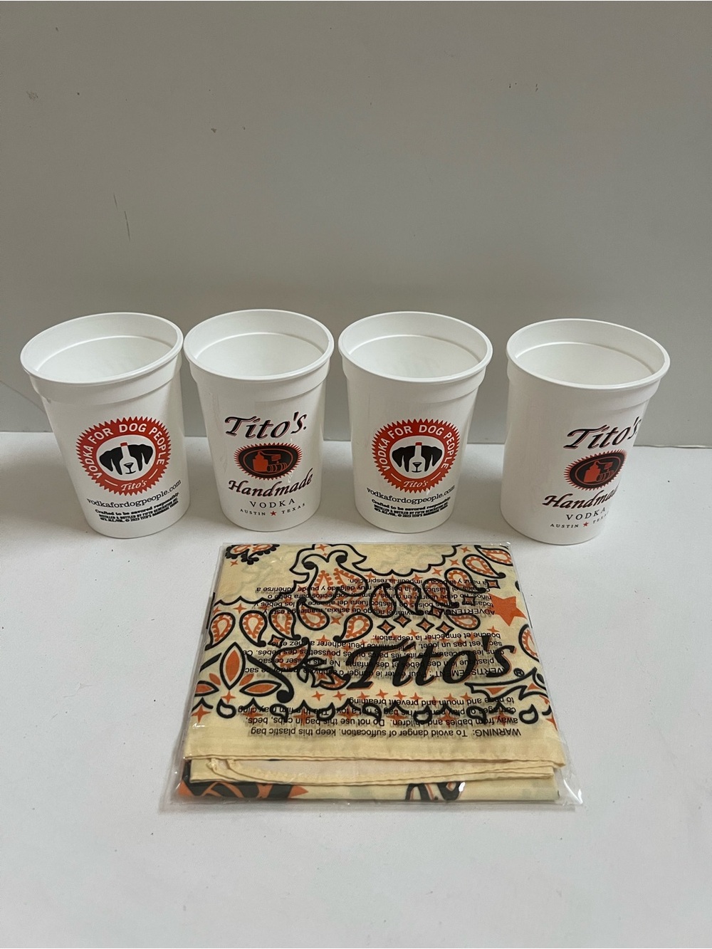 Tito's Handmade Vodka NEW Yellow Black Paisley Bandana Scarf and 4 Plastic Cups